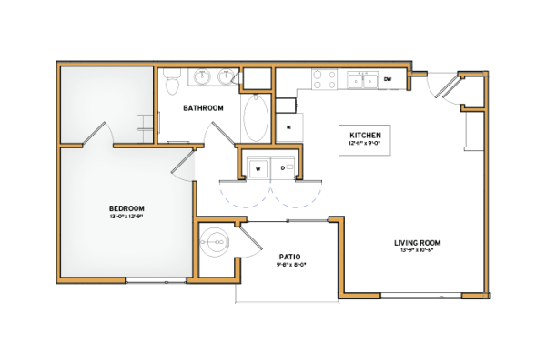 Floor plan for 1 bed, 1 bath, 774 sqft
